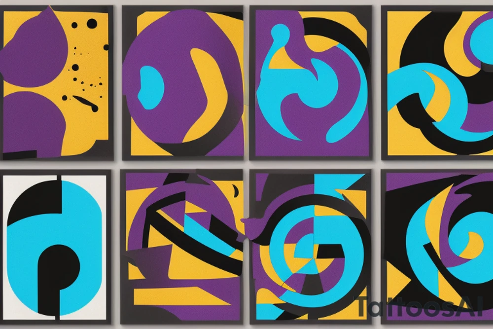 card sized with black framing
negative space style
thick black lines, with blue, amber and purple being the only used colors.

Sisyphus pushing the boulder tattoo idea