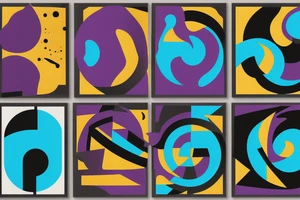 card sized with black framing
negative space style
thick black lines, with blue, amber and purple being the only used colors.

Sisyphus pushing the boulder tattoo idea