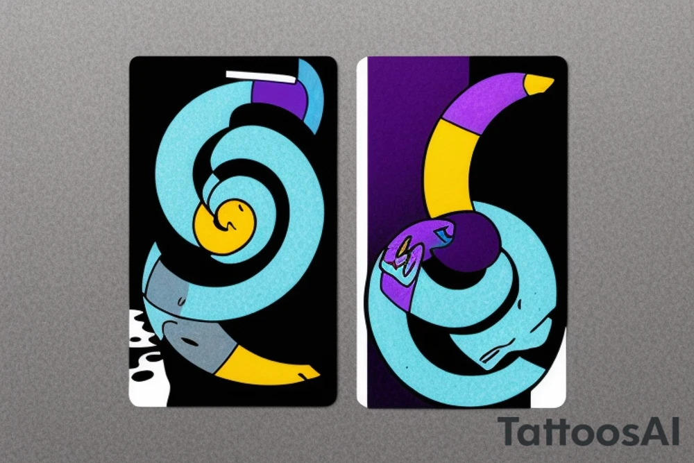 card sized with black framing
negative space style
thick black lines, with blue, amber and purple being the only used colors.

Sisyphus pushing the boulder tattoo idea