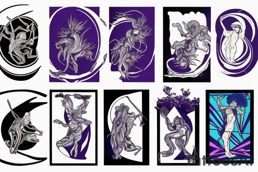 card sized with black framing
negative space style
thick black lines, with blue, amber and purple being the only used colors.

Sisyphus pushing the boulde tattoo idea