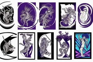card sized with black framing
negative space style
thick black lines, with blue, amber and purple being the only used colors.

Sisyphus pushing the boulde tattoo idea