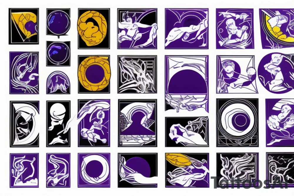 card sized with black framing
negative space style
thick black lines, with blue, amber and purple being the only used colors.

Sisyphus pushing the boulde tattoo idea