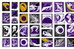 card sized with black framing
negative space style
thick black lines, with blue, amber and purple being the only used colors.

Sisyphus pushing the boulde tattoo idea