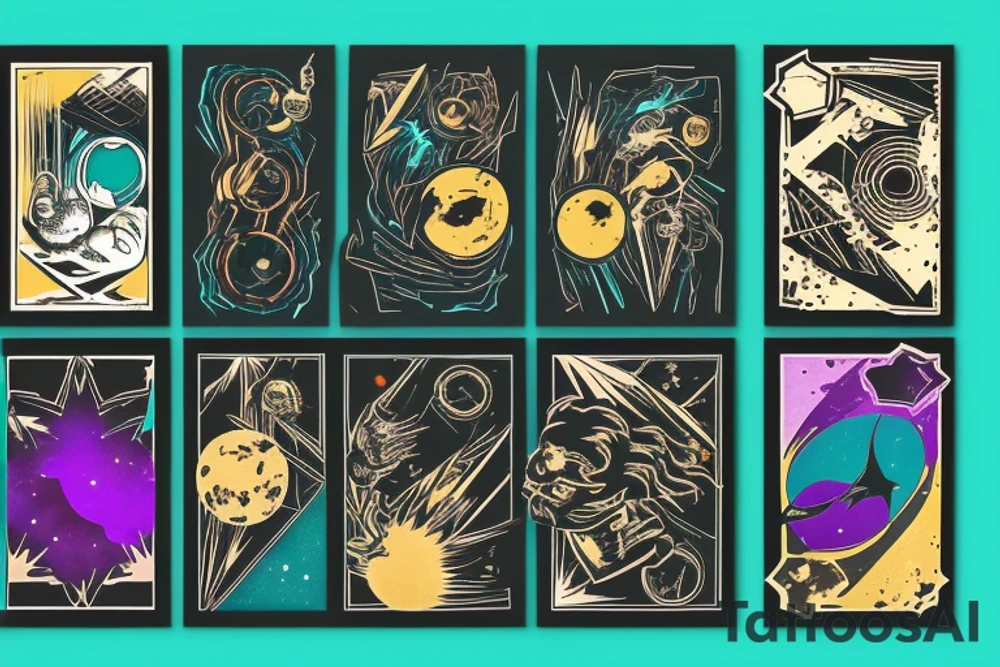 card sized with black framing
negative space style
thick black lines, with teal, amber and purple being the only used colors.

A man is trying to tear the universe back together tattoo idea