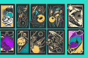 card sized with black framing
negative space style
thick black lines, with teal, amber and purple being the only used colors.

A man is trying to tear the universe back together tattoo idea