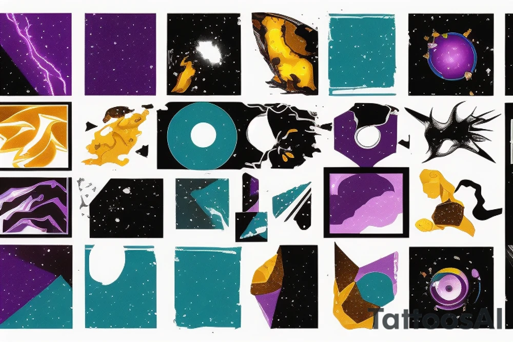 card sized with black framing
negative space style
thick black lines, with teal, amber and purple being the only used colors.

A man is trying to tear the universe back together tattoo idea