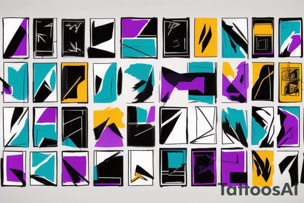 card sized with black framing
negative space style
thick black lines, with teal, amber and purple being the only used colors.

A man is trying to tear the universe back together tattoo idea