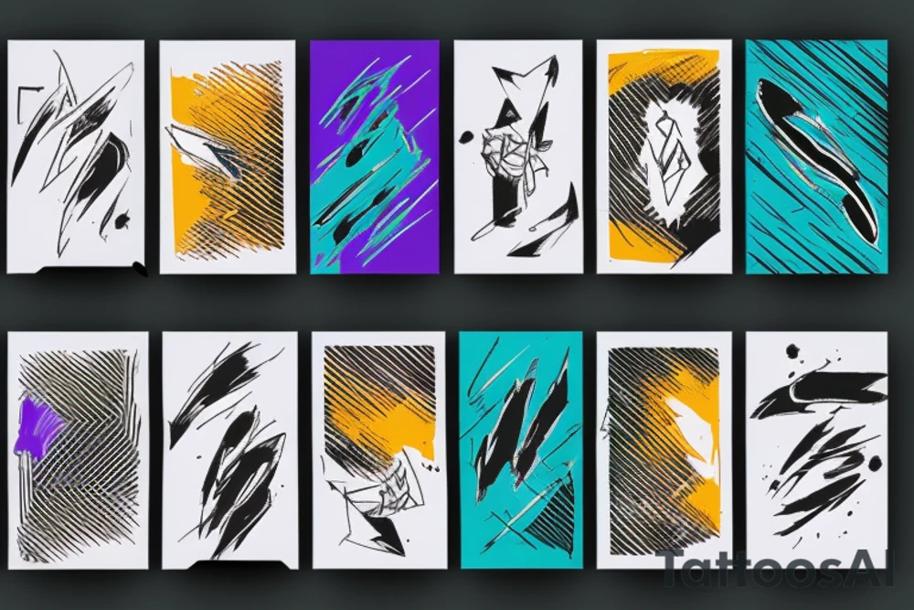 card sized with black framing
negative space style
thick black lines, with teal, amber and purple being the only used colors.

A man is trying to tear the universe back together tattoo idea