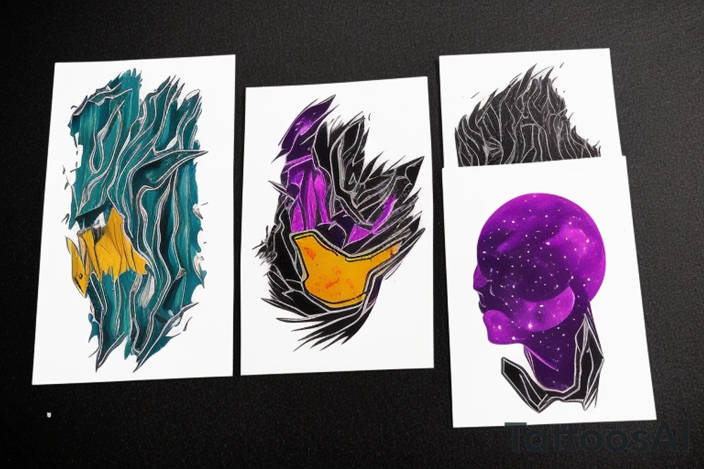card sized with black framing
negative space style
thick black lines, with teal, amber and purple being the only used colors.

A man is trying to tear the universe back together tattoo idea