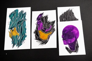 card sized with black framing
negative space style
thick black lines, with teal, amber and purple being the only used colors.

A man is trying to tear the universe back together tattoo idea