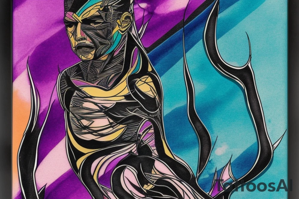 card sized with black framing
negative space style
thick black lines, with teal, amber and purple being the only used colors.

A man is trying to tear the universe back together tattoo idea