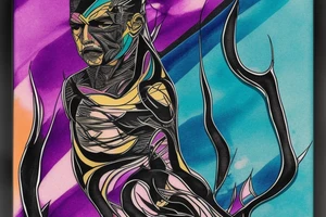 card sized with black framing
negative space style
thick black lines, with teal, amber and purple being the only used colors.

A man is trying to tear the universe back together tattoo idea