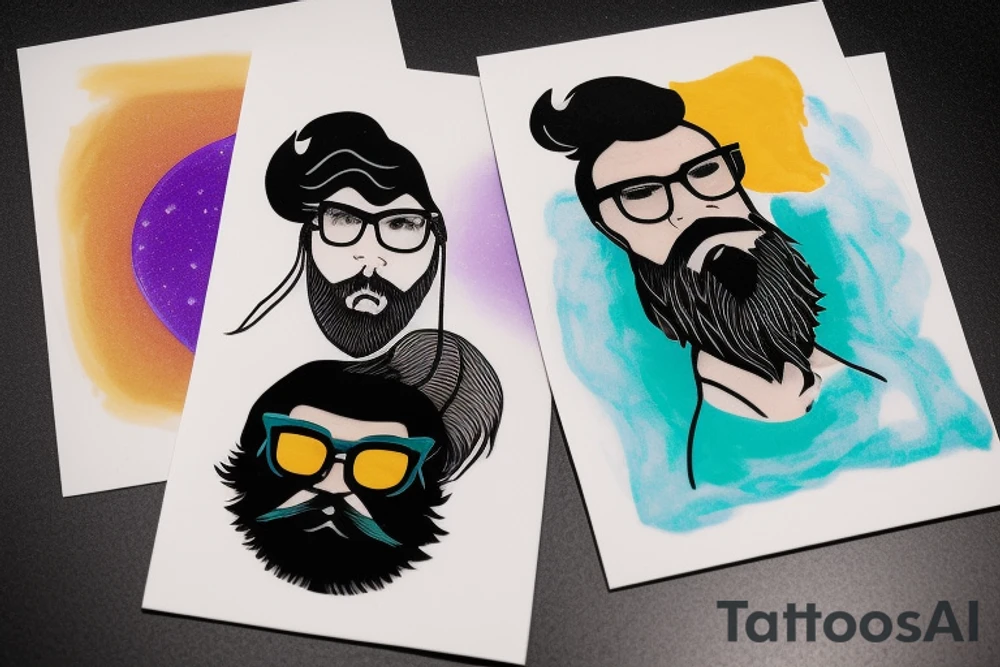 card sized with black framing
negative space style
thick black lines, with teal, amber and purple being the only used colors.

A man is trying to tear the universe back together. 

The man has blue eyes and a black full beard. He Wears glasses tattoo idea