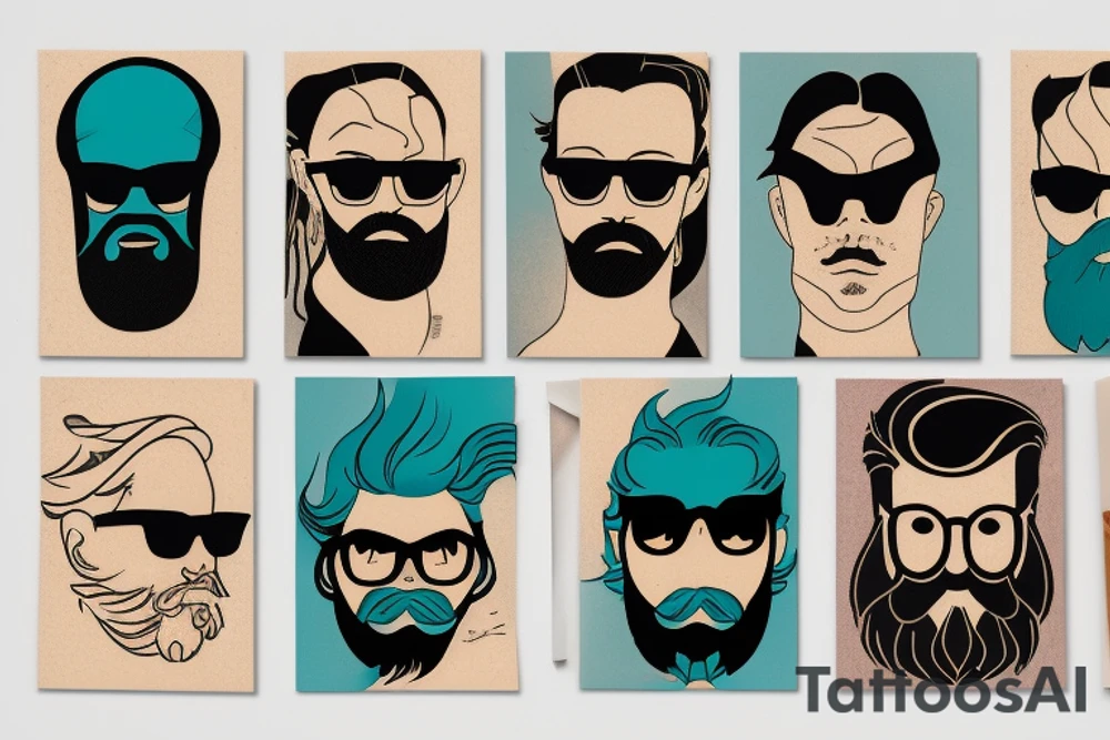 card sized with black framing
negative space style
thick black lines, with teal, amber and purple being the only used colors.

A man is trying to tear the universe back together. 

The man has blue eyes and a black full beard. He Wears glasses tattoo idea