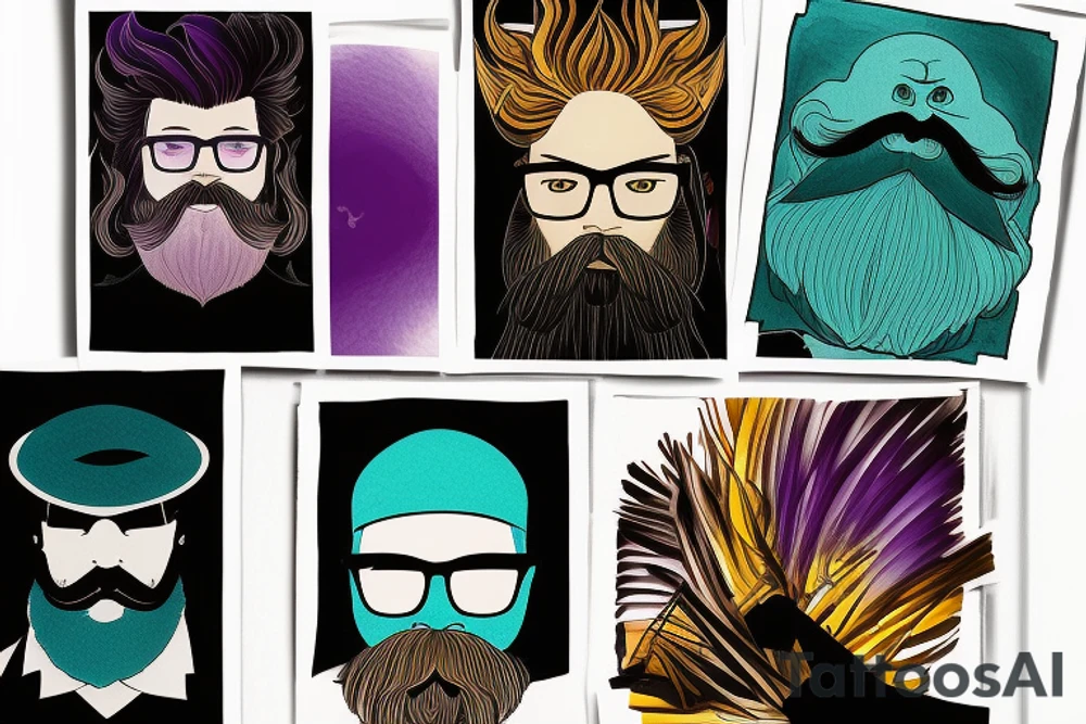 card sized with black framing
negative space style
thick black lines, with teal, amber and purple being the only used colors.

A man, who has blue eyes, a black full beard and wears glasses, is trying to tear the universe back together. tattoo idea