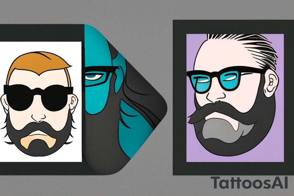 card sized with black framing
negative space style
thick black lines, with teal, amber and purple being the only used colors.

A man, who has blue eyes, a black full beard and wears glasses, is trying to tear the universe back together. tattoo idea
