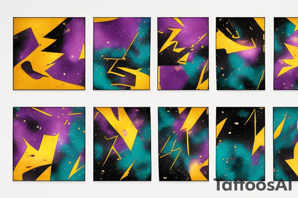 card sized with black framing
negative space style
thick black lines, with teal, amber and purple being the only used colors.

A man is trying to tear the universe back together. The cosmic background behind him and tearing and coming down like theater curtains tattoo idea