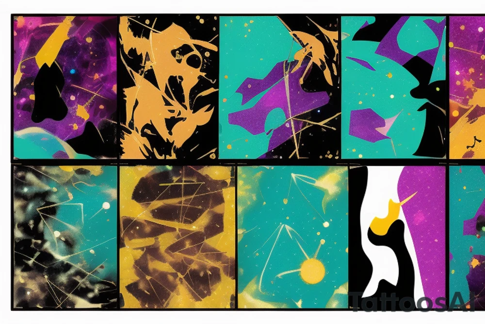 card sized with black framing
negative space style
thick black lines, with teal, amber and purple being the only used colors.

A man is trying to tear the universe back together. The cosmic background behind him and tearing and coming down like theater curtains tattoo idea