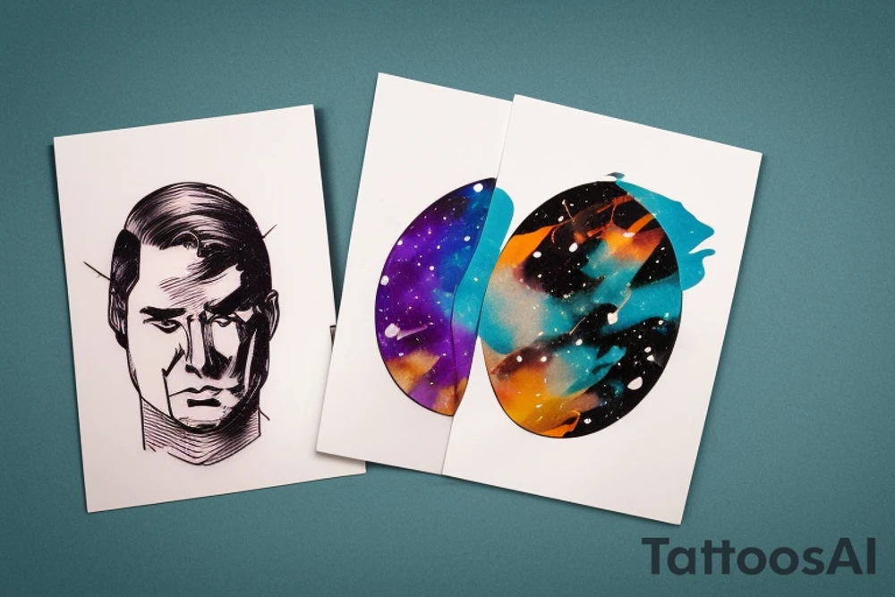 card sized with black framing
negative space style
thick black lines, with teal, amber and purple being the only used colors.

A man is trying to tear the universe back together. The cosmic background behind him is tearing and coming down like theater curtains tattoo idea