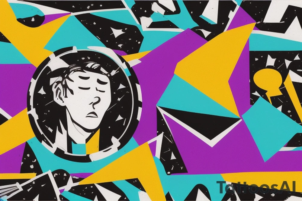card sized with black framing
negative space style
thick black lines, with teal, amber and purple being the only used colors.

A man is trying to tear the universe back together. The cosmic background behind him is tearing and coming down like theater curtains tattoo idea