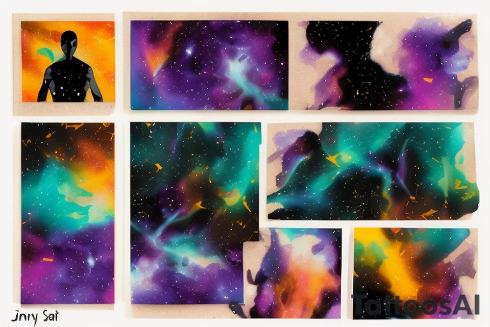 card sized with black framing
negative space style
thick black lines, with teal, amber and purple being the only used colors.

A man is trying to tear the universe back together. The cosmic background behind him is tearing and coming down like theater curtains tattoo idea