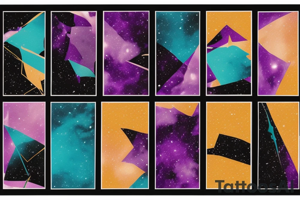 card sized with black framing
negative space style
thick black lines, with teal, amber and purple being the only used colors.

A man is trying to tear the universe back together. The cosmic background behind him is tearing and coming down like theater curtains tattoo idea