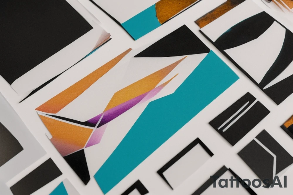 card sized with black framing
negative space style
thick black lines, with teal, amber and purple being the only used colors.

A man is running in a liminal space, ocean waves violently crashing around him as he holds the universe in his hands. He is trying to piece it back together tattoo idea