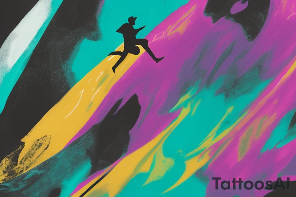 card sized with black framing
negative space style
thick black lines, with teal, amber and purple being the only used colors.

A man is running in a liminal space, ocean waves violently crashing around him as he holds the universe in his hands. He is trying to piece it back together tattoo idea
