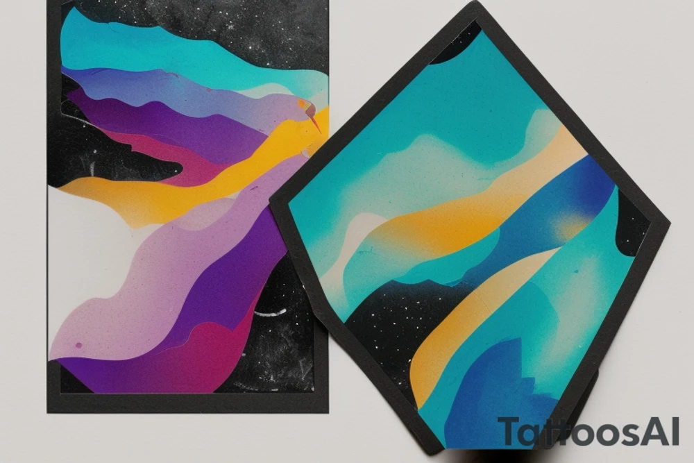 card sized with black framing
negative space style
thick black lines, with teal, amber and purple being the only used colors.

A man is running in a liminal space, ocean waves violently crashing around him as he holds the universe in his hands. He is trying to piece it back together tattoo idea