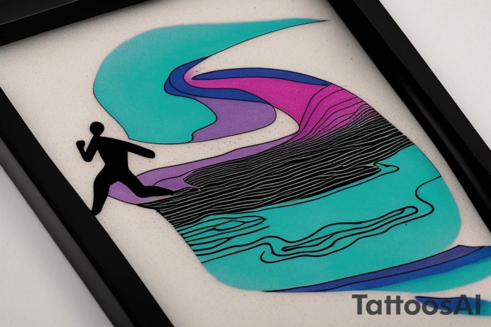 card sized with black framing
negative space style
thick black lines, with teal, amber and purple being the only used colors.

A man is running in a liminal space, ocean waves violently crashing around him as he holds the universe in his hands. He is trying to piece it back together tattoo idea