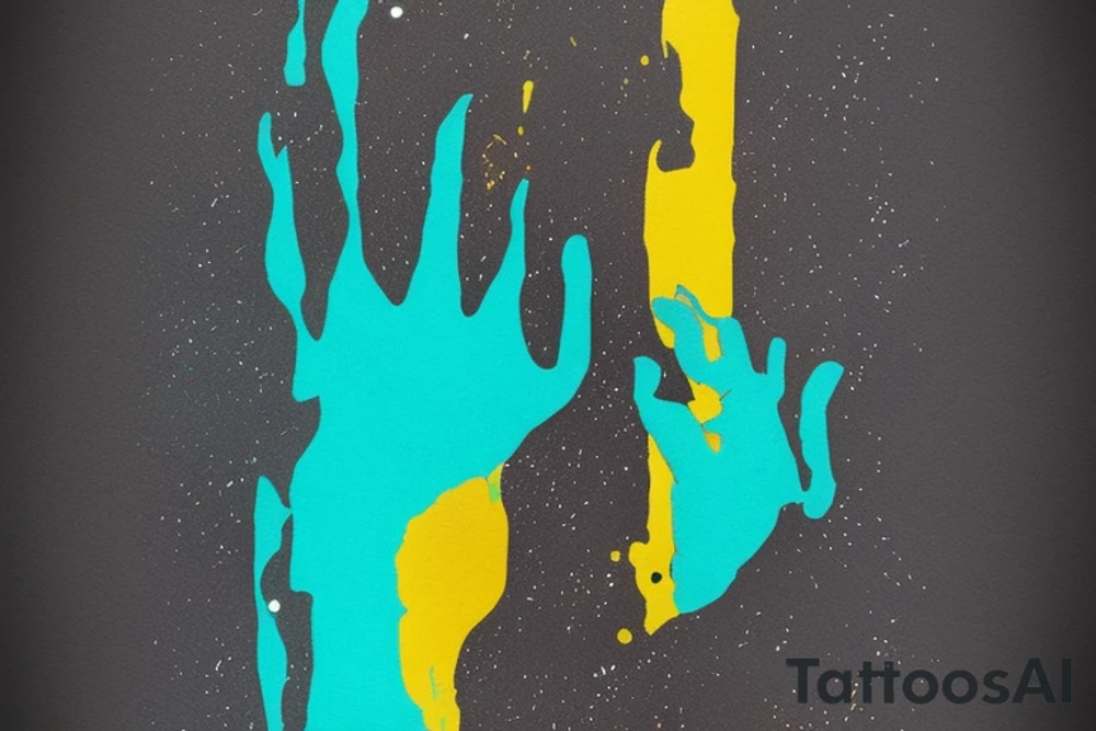 card sized with black framing
negative space style
thick black lines, with teal, amber and purple being the only used colors.

A man is running in a liminal space, ocean waves violently crashing around him as he holds the universe in his hands. He is trying to piece it back together tattoo idea