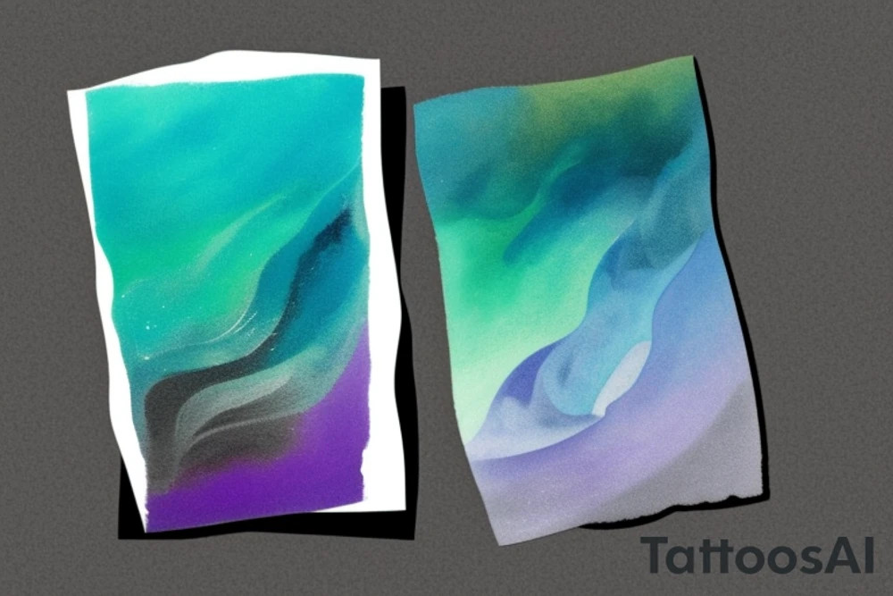 card sized with black framing
negative space style
thick black lines, with teal, amber and purple being the only used colors.

A man is running in a liminal space, ocean waves violently crashing around him as he holds the universe in his hands. He is trying to piece it back together tattoo idea