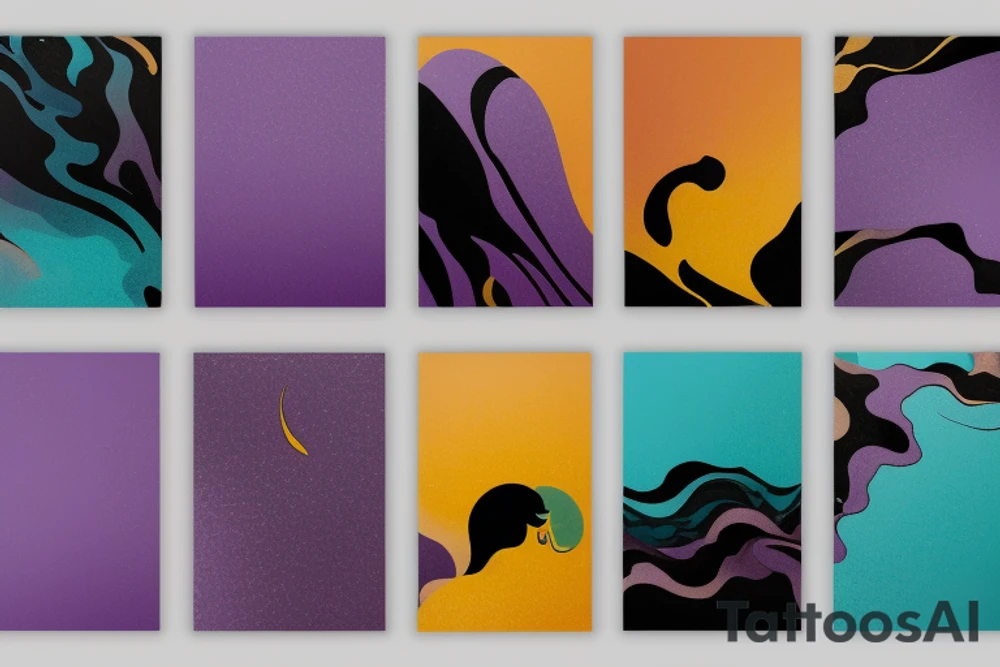 card sized with black framing
negative space style
thick black lines, with teal, amber and purple being the only used colors.

A man is running in a liminal space, ocean waves violently crashing around him as he holds the universe in his hands. He is trying to piece it back together tattoo idea