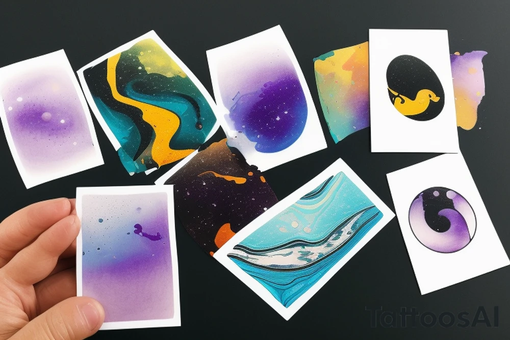 card sized with black framing
negative space style
thick black lines, with teal, amber and purple being the only used colors.

A man is running in a liminal space, ocean waves violently crashing around him as he holds the universe in his hands. He is trying to piece it back together tattoo idea