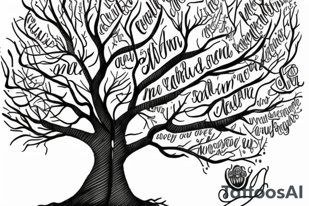 beautiful tree with words of: family, strength, perseverance through it tattoo idea