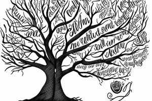 beautiful tree with words of: family, strength, perseverance through it tattoo idea