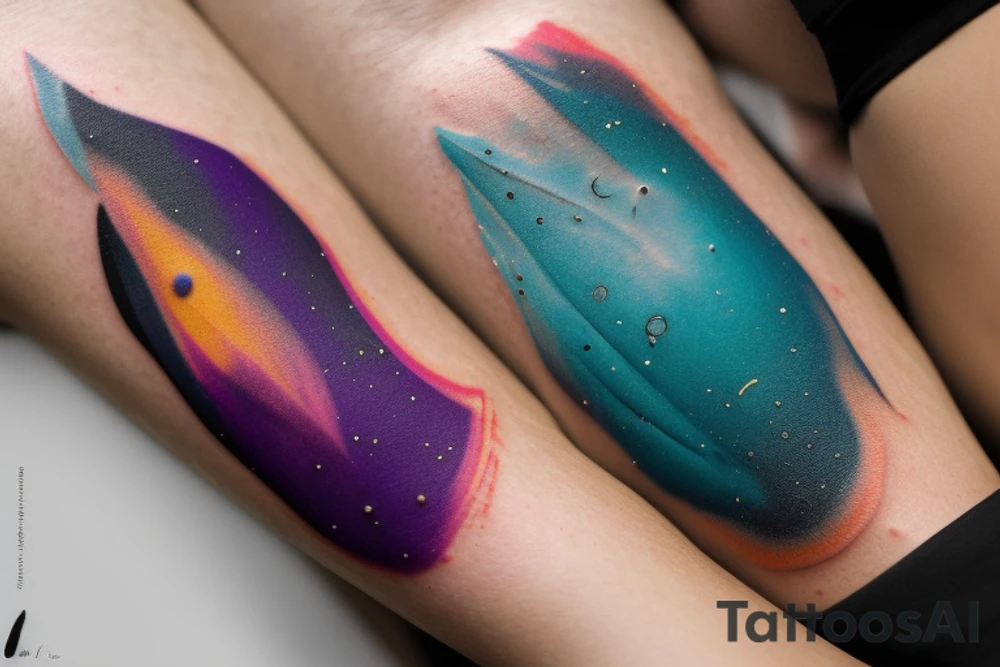 card sized

thick black lines, with teal, amber and purple being the only used colors.

A man is running in a liminal space, ocean waves violently crashing around him as he holds the universe in his hands. He is trying to piece it back together tattoo idea