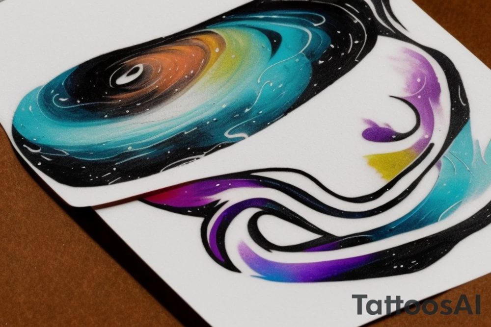 card sized

thick black lines, with teal, amber and purple being the only used colors.

A man is running in a liminal space, ocean waves violently crashing around him as he holds the universe in his hands. He is trying to piece it back together tattoo idea