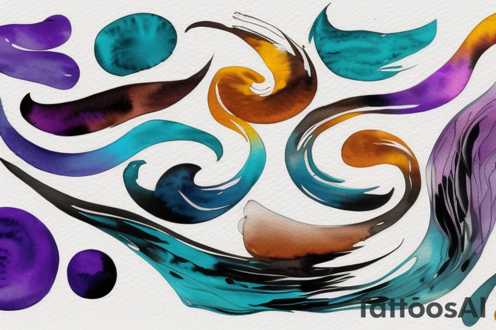 card sized

thick black lines, with teal, amber and purple being the only used colors.

A man is running in a liminal space, ocean waves violently crashing around him as he holds the universe in his hands. He is trying to piece it back together tattoo idea