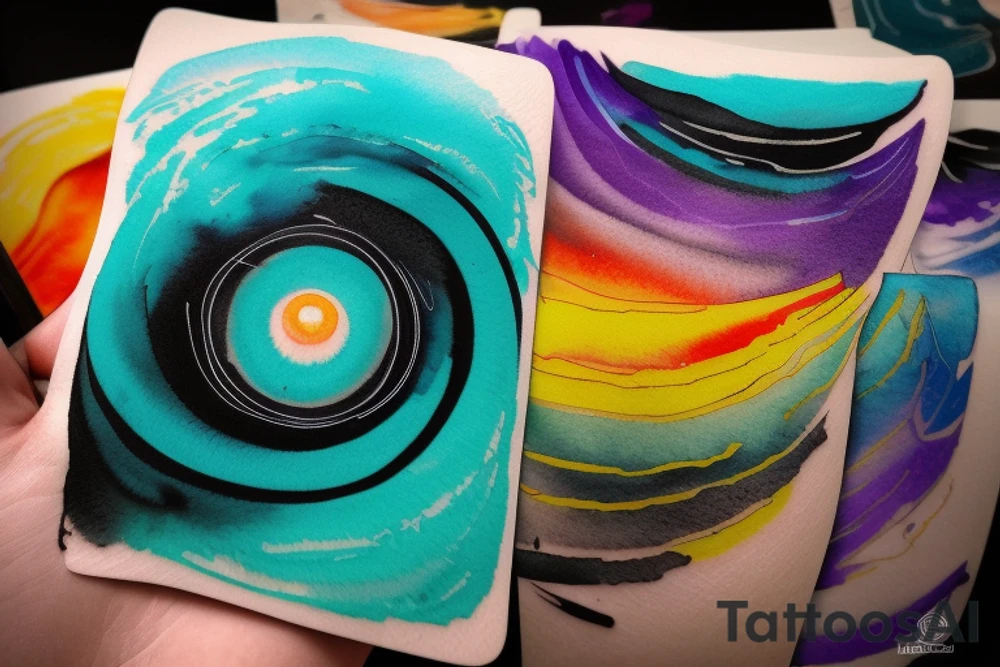 card sized

thick black lines, with teal, amber and purple being the only used colors.

A man is running in a liminal space, ocean waves violently crashing around him as he holds the universe in his hands. He is trying to piece it back together tattoo idea