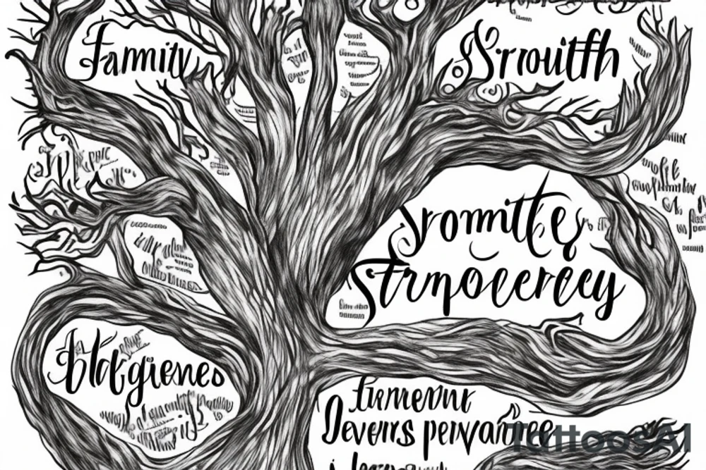 beautiful tree trunk with words of: family, strength, perseverance through it tattoo idea