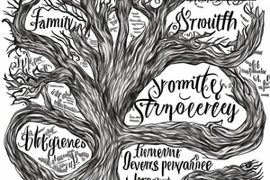 beautiful tree trunk with words of: family, strength, perseverance through it tattoo idea