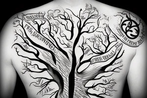 beautiful tree trunk with words of: family, strength, perseverance through it tattoo idea