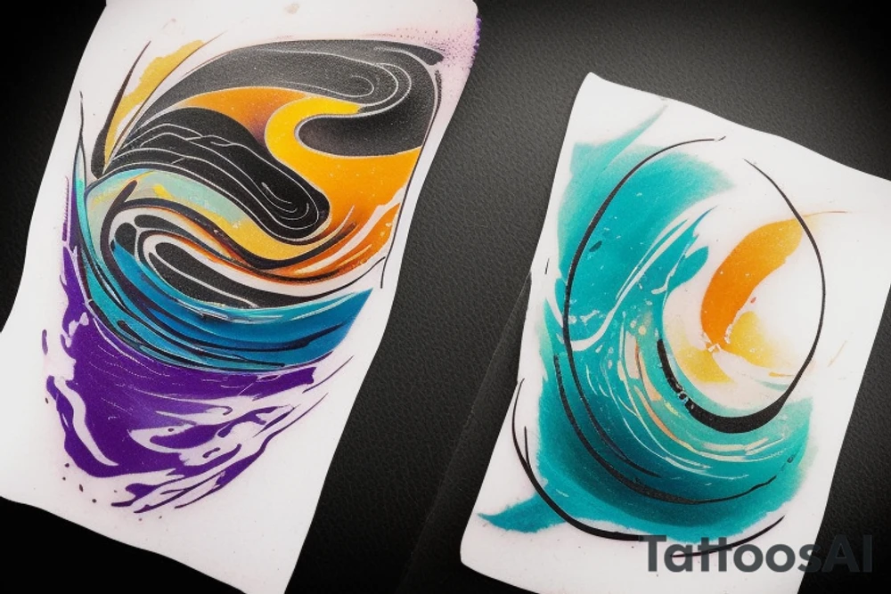 card sized

thick black lines, with teal, amber and purple being the only used colors.

A man is running in a liminal space, ocean waves violently crashing around him as he holds the universe in his hands. He is trying to piece it back together tattoo idea
