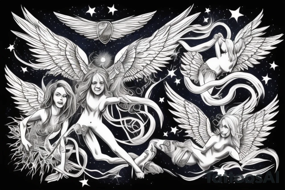 an angel with wings and a winged demon fight in a stormy sky against the background of stars tattoo idea