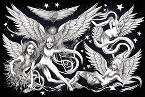 an angel with wings and a winged demon fight in a stormy sky against the background of stars tattoo idea