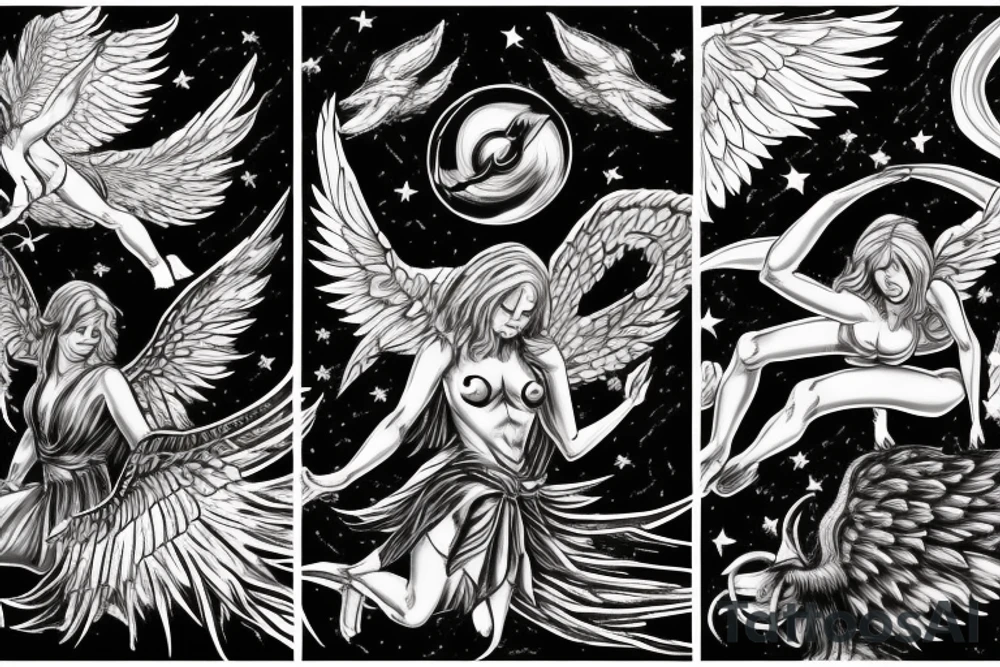 an angel with wings and a winged demon fight in a stormy sky against the background of stars tattoo idea