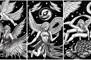 an angel with wings and a winged demon fight in a stormy sky against the background of stars tattoo idea