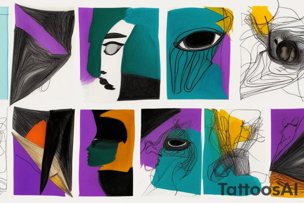 card sized

thick black lines, with teal, amber and purple being the only used colors.

A man is running through a liminal space in the universe piecing it back together tattoo idea