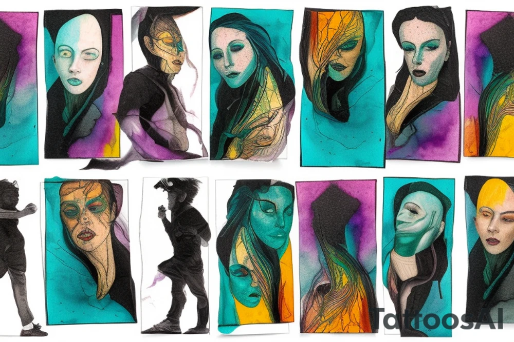 card sized

thick black lines, with teal, amber and purple being the only used colors.

A man is running through a liminal space in the universe piecing it back together tattoo idea